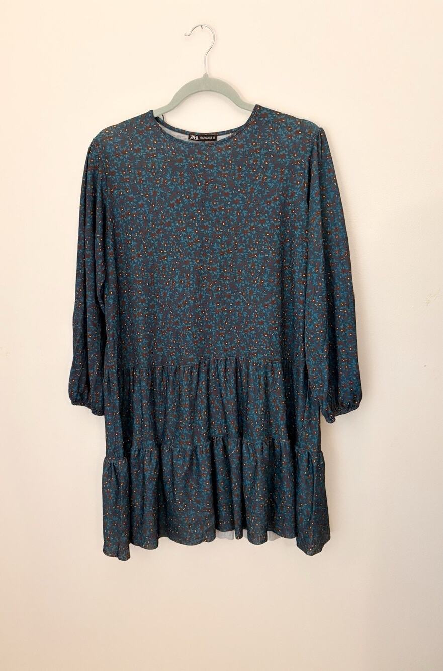 Zara Floral Dress 3/4 Sleeves Mini Blue Size S Oversized Women’s